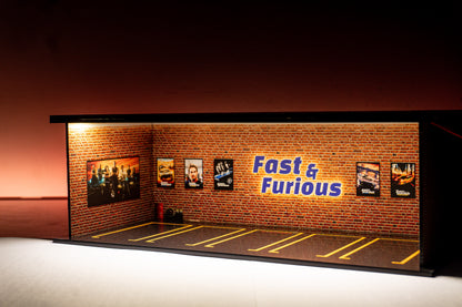 Fast & Furious Garage Diorama – 1:64 Scale Acrylic Diorama (30x14x10 cm)