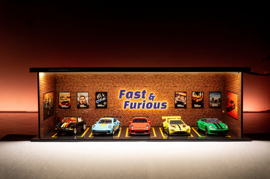 Fast & Furious Garage Diorama – 1:64 Scale Acrylic Diorama (30x14x10 cm)