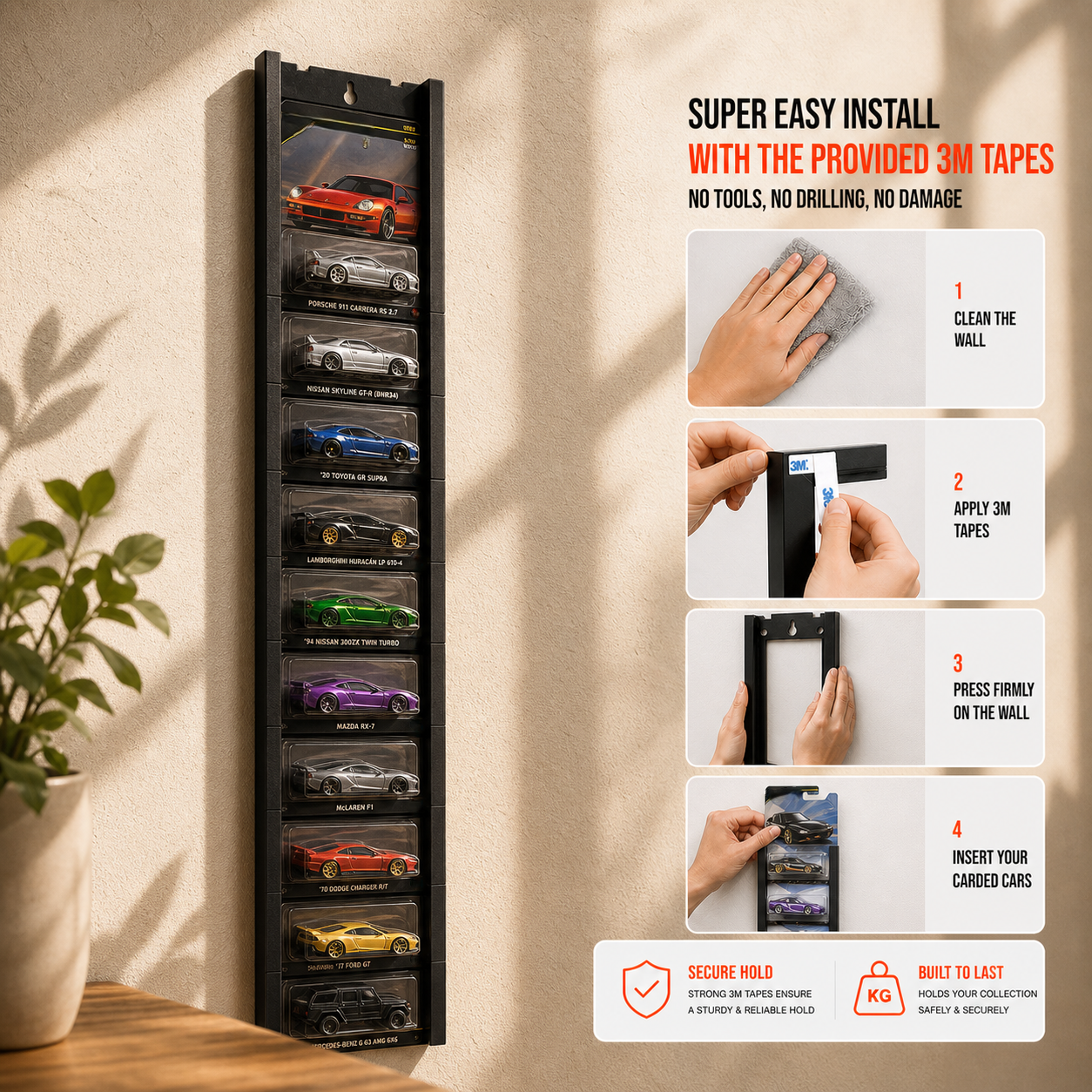 Wall Display Stand for Premium Hot Wheels Cards – 10 Car Capacity | Wall Mounted Carded Diecast Display Rack | Black