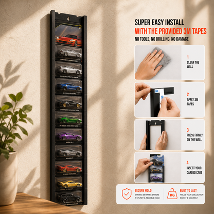 Wall Display Stand for Premium Hot Wheels Cards – 10 Car Capacity | Wall Mounted Carded Diecast Display Rack | Black